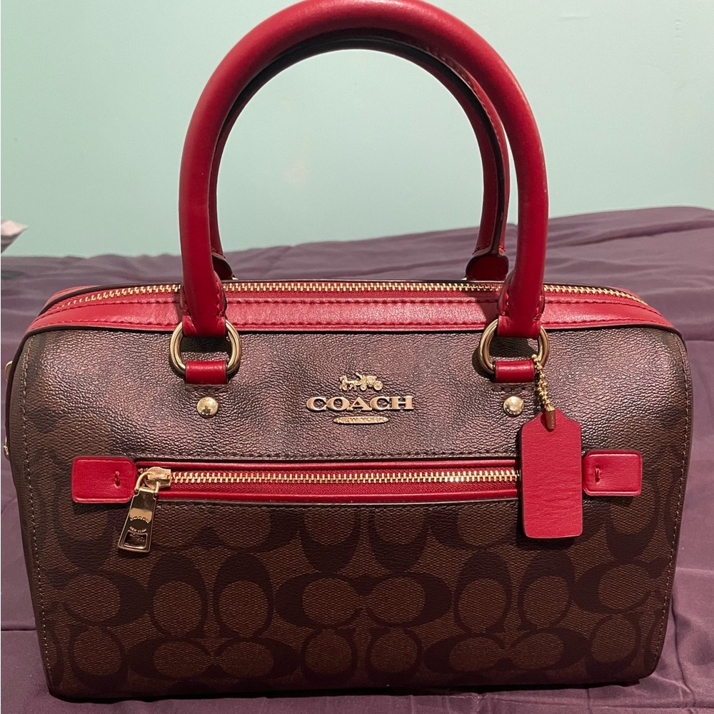 Coach Satchel brown leather with red trimming